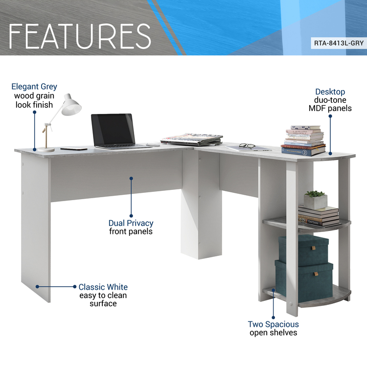 Techni Mobili Modern L-Shaped Desk with Shelves - Grey Home Office Desk ...
