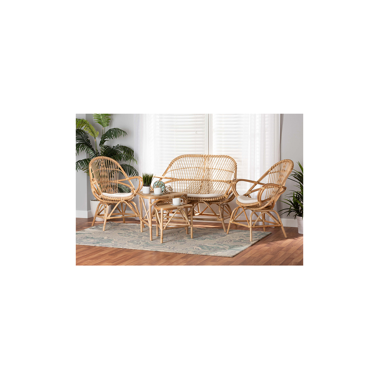 Baxton Studio Jayden Modern Bohemian White Fabric Upholstered and Natural Brown Finished Rattan 5-Piece Living Room Set image - 1