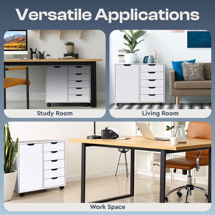 COSTWAY Cassettiera da Ufficio con 5 Cassetti e Ruote, Mobiletto Multiuso per Documenti e Cosmetici, Comodino con Ruote per Camera da letto Studio Ufficio e Soggiorno (Bianco