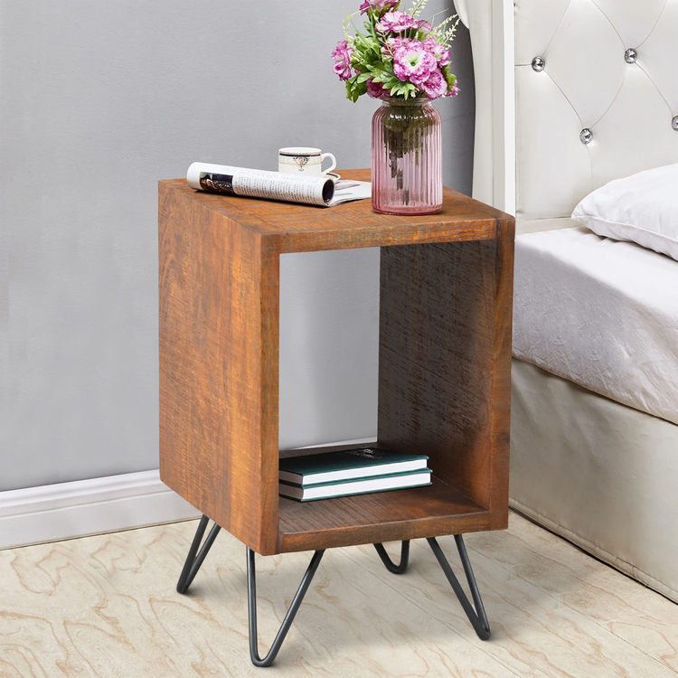 The Urban Port 22 Inch Textured Cube Shape Wooden Nightstand with Angular Legs, Brown and Black - Image 6