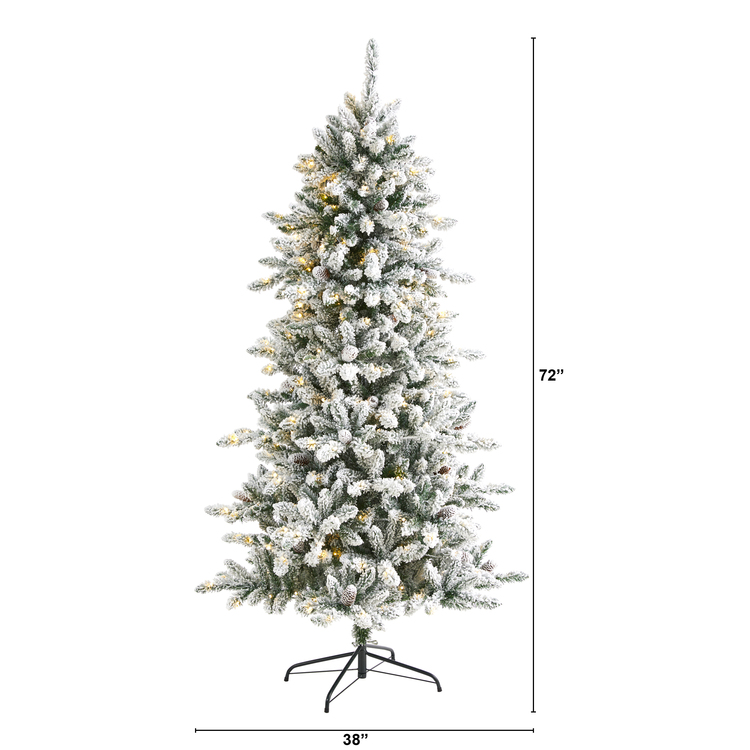 Nearly Natural 6ft. Flocked Livingston Fir Artificial Christmas Tree with Pine Cones and 300 Clear Warm LED Lights - Image 2