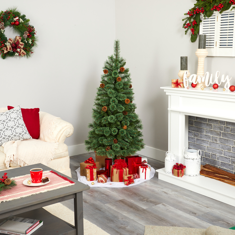 Nearly Natural 5ft. White Mountain Pine Artificial Christmas Tree with 200 Clear LED Lights and Pine Cones - Image 7