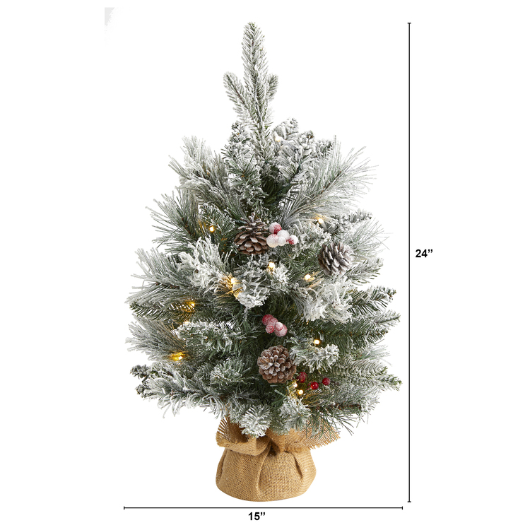 Nearly Natural 2ft. Flocked Artificial Christmas Tree with 30 Clear Lights, 73 Bendable Branches, Pine Cones and Berries - Image 2