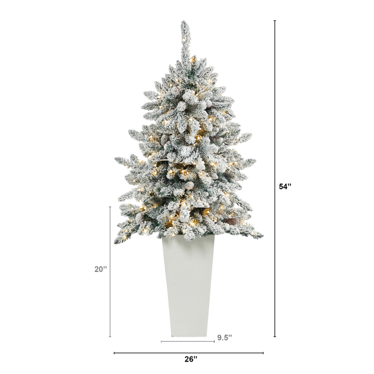 Nearly Natural Flocked Livingston Fir Artificial Christmas Tree with Pine Cones and 150 Clear Warm LED Lights in Tall Planter - Image 2