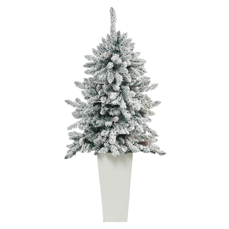 Nearly Natural Flocked Livingston Fir Artificial Christmas Tree with Pine Cones and 150 Clear Warm LED Lights in Tall Planter - Image 3