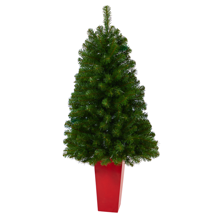 Nearly Natural 4.5ft. Virginia Fir Artificial Christmas Tree with 100 Clear Lights and 223 Bendable Branches in Red Planter - Image 3