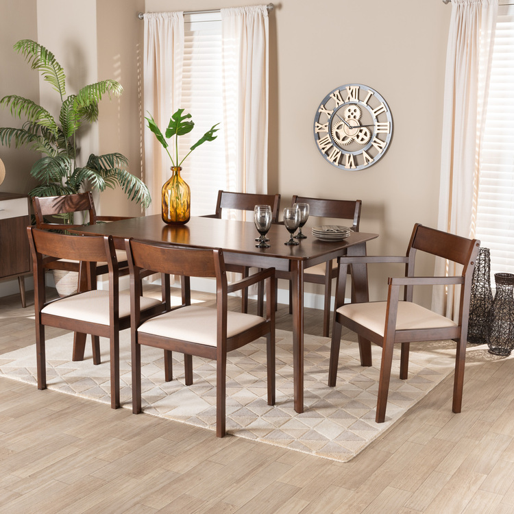 Baxton Studio Helene Mid-Century Modern Cream Fabric and Dark Brown Finished Wood 7-Piece Dining Set image - 1