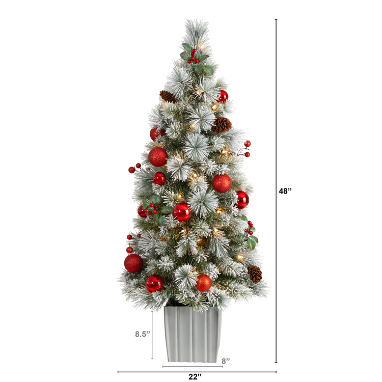 Nearly Natural 4ft. Winter Flocked Artificial Christmas Tree Pre-Lit with 50 LED Lights and Ornaments in Decorative Planter - Image 2