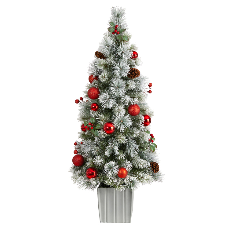 Nearly Natural 4ft. Winter Flocked Artificial Christmas Tree Pre-Lit with 50 LED Lights and Ornaments in Decorative Planter - Image 3