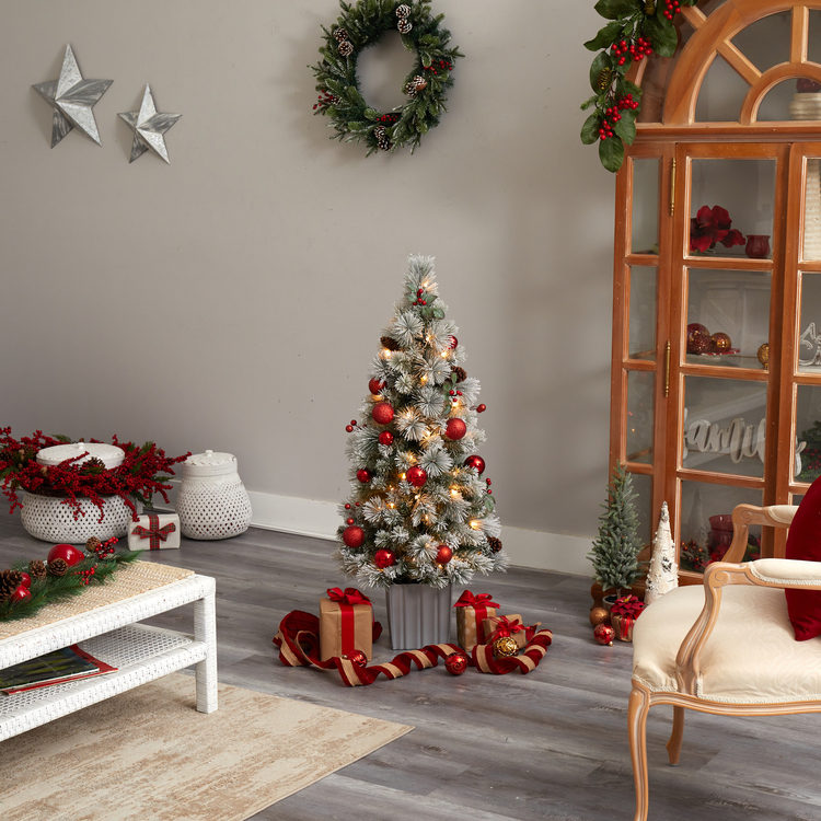 Nearly Natural 4ft. Winter Flocked Artificial Christmas Tree Pre-Lit with 50 LED Lights and Ornaments in Decorative Planter - Image 9