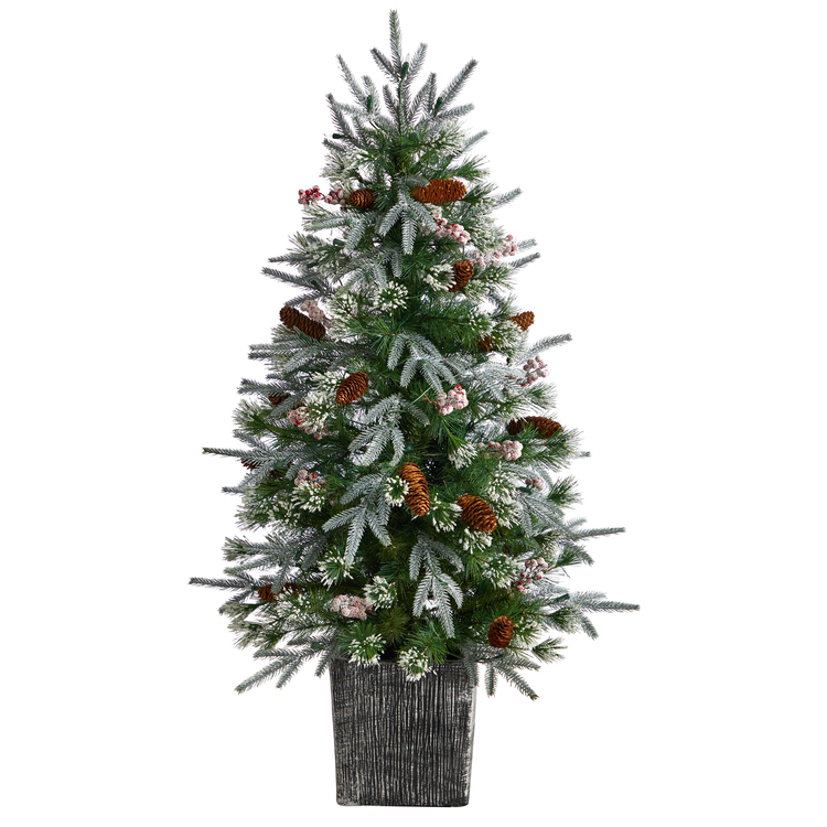 Nearly Natural 4ft. Frosted Artificial Christmas Tree Pre-Lit with 105 LED lights and Berries in Decorative Planter - Image 3