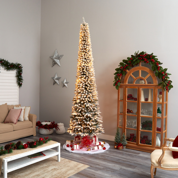 Nearly Natural 11ft. Flocked Pencil Artificial Christmas Tree with 850 Clear Lights and 1435 Bendable Branches - Image 9