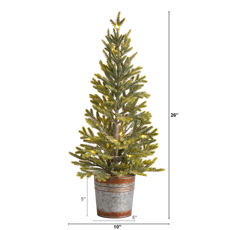 Nearly Natural 26in. Pine Look Artificial Christmas Tree with 35 Warm White Lights in Rustic Metal Planter - Image 2