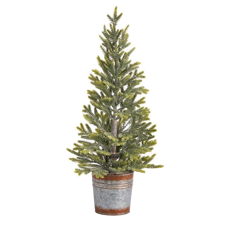 Nearly Natural 26in. Pine Look Artificial Christmas Tree with 35 Warm White Lights in Rustic Metal Planter - Image 3