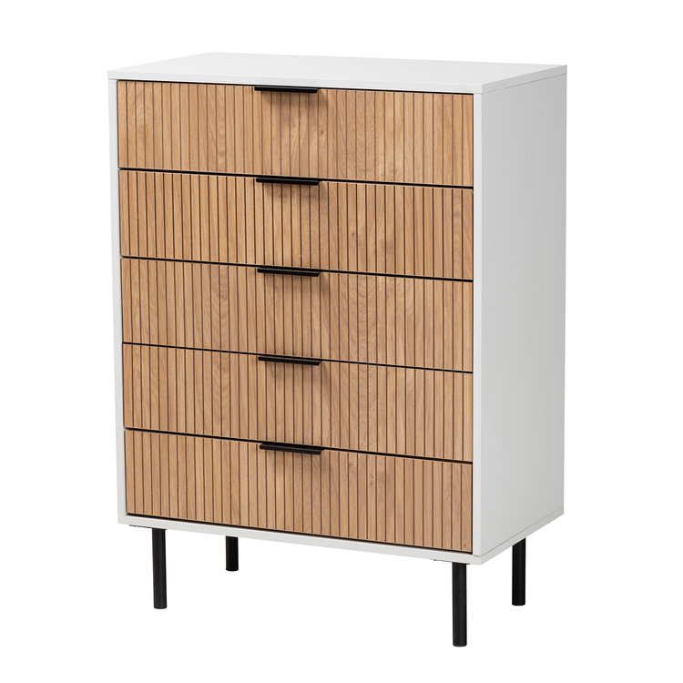 Baxton Studio Karima Mid-Century Modern Two-Tone White and Natural Brown Finished Wood and Black Metal 5-Drawer Storage Cabinet image - 1