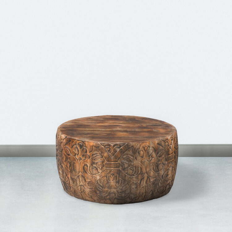 The Urban Port Rea 34 Inch Handcrafted Mango Wood Coffee Table, Round Drum Shape, Carved Damask Pattern, Walnut Brown - Image 3