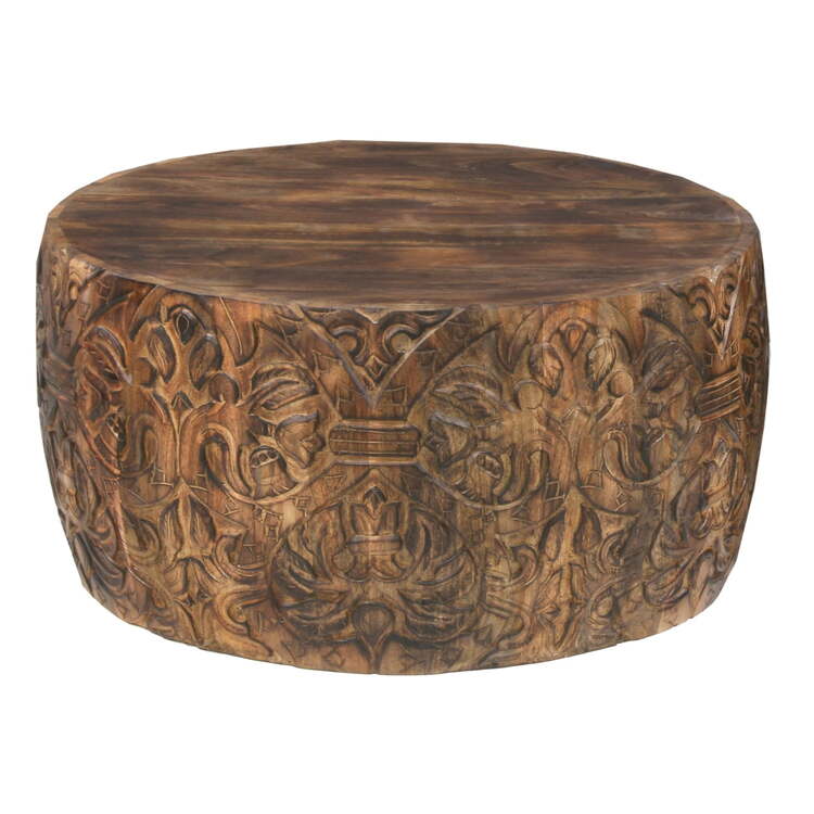 The Urban Port Rea 34 Inch Handcrafted Mango Wood Coffee Table, Round Drum Shape, Carved Damask Pattern, Walnut Brown - Image 4