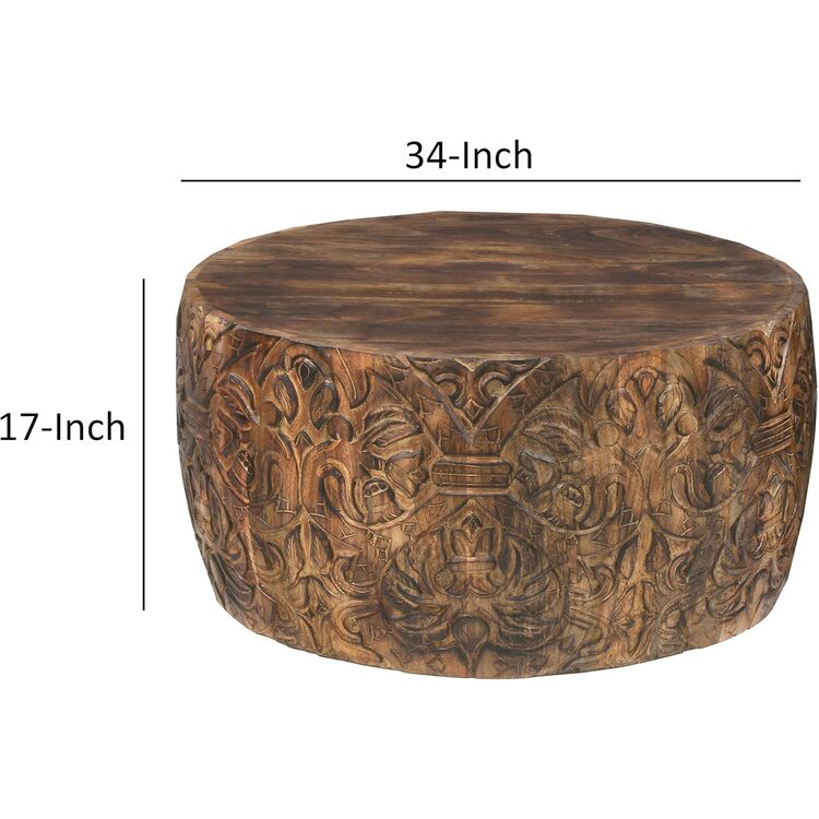 The Urban Port Rea 34 Inch Handcrafted Mango Wood Coffee Table, Round Drum Shape, Carved Damask Pattern, Walnut Brown - Image 8