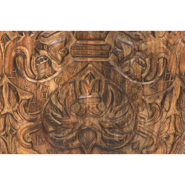 The Urban Port Rea 34 Inch Handcrafted Mango Wood Coffee Table, Round Drum Shape, Carved Damask Pattern, Walnut Brown - Image 4