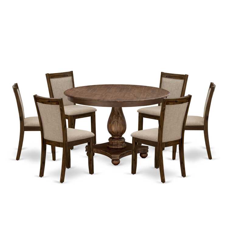 Modern Dining Set - Wooden Pedestal Table & 6 Light Tan Parson Chairs - Image 2