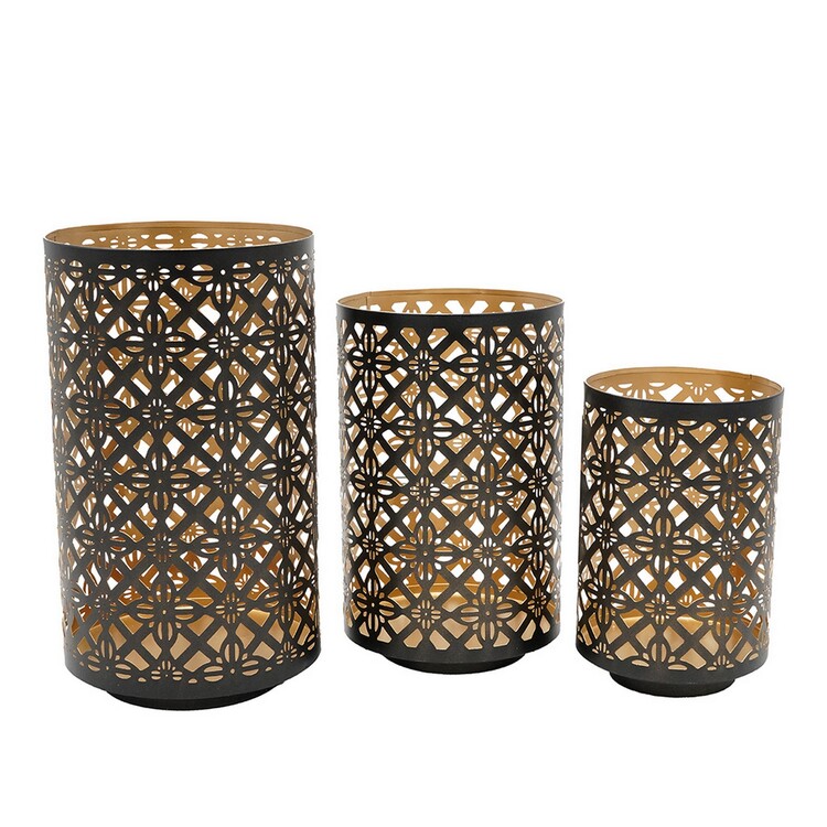 Benjara Set of 3 Lantern Candle Holders, Moroccan Lattice, Gold, Black ...