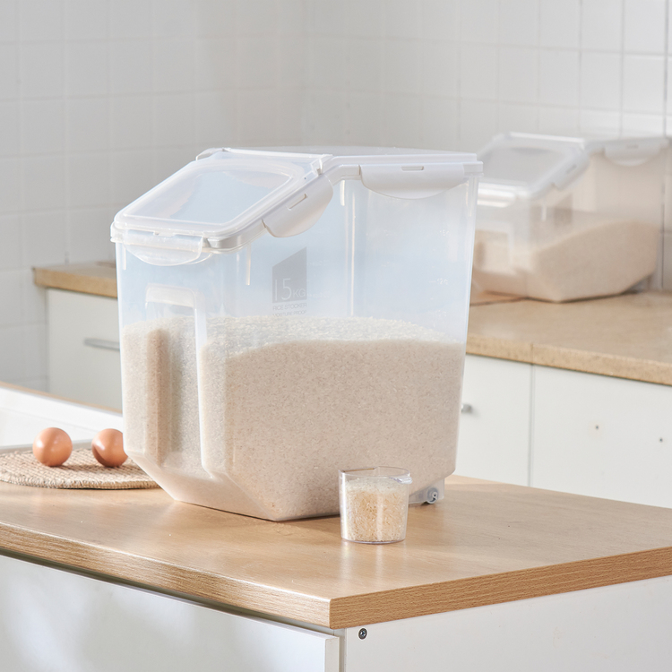 HANAMYA 30 LB Rice Storage Container with Measuring Cup, BPA free, For Rice / Grain / Pet Food / Flour, 1 count, Clear & White - Image 2
