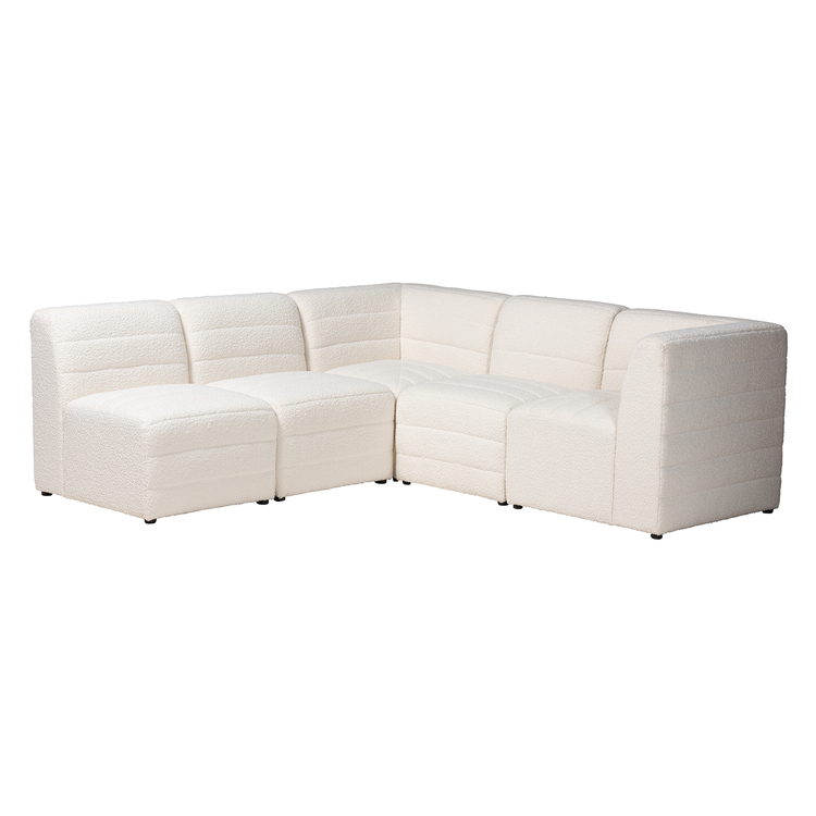 White Boucle Fabric 5-Piece Modular Sectional Sofa 