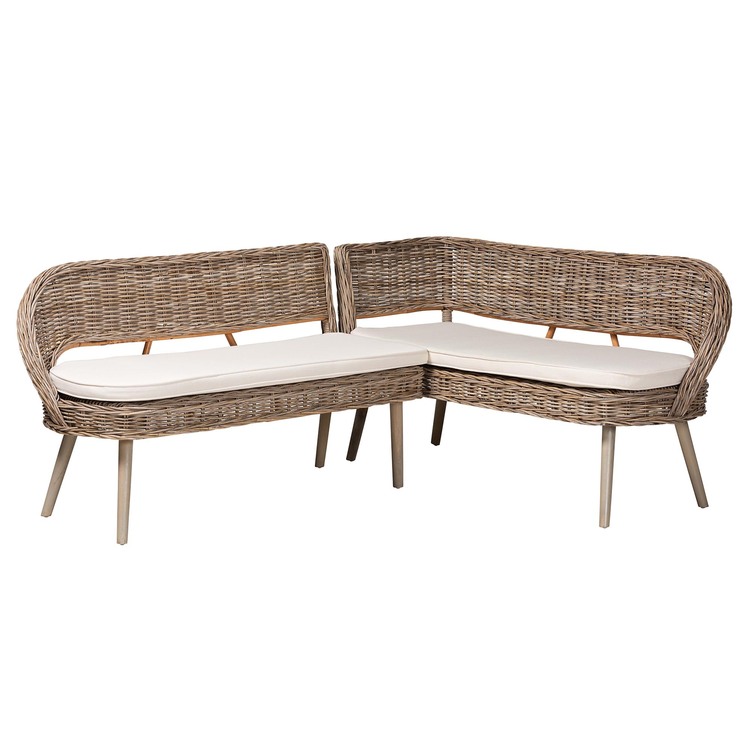 bali & pari Raisa Modern Bohemian Natural Kubu Grey Rattan and Acacia Wood 2-Piece Dining Nook Banquette Set image - 1