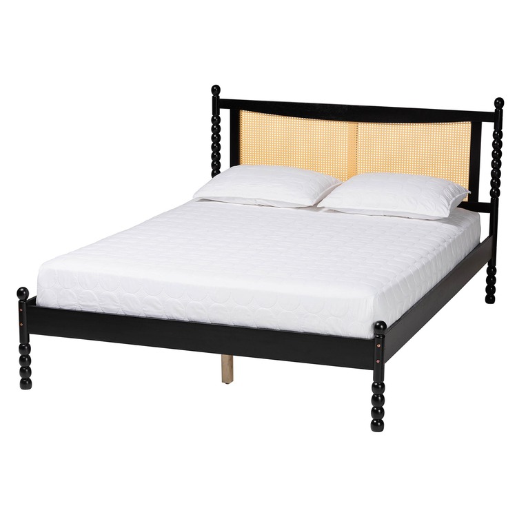 Baxton Studio Okena Mid-Century Modern Black Wood Queen Size Platform Bed with Woven Rattan image - 1