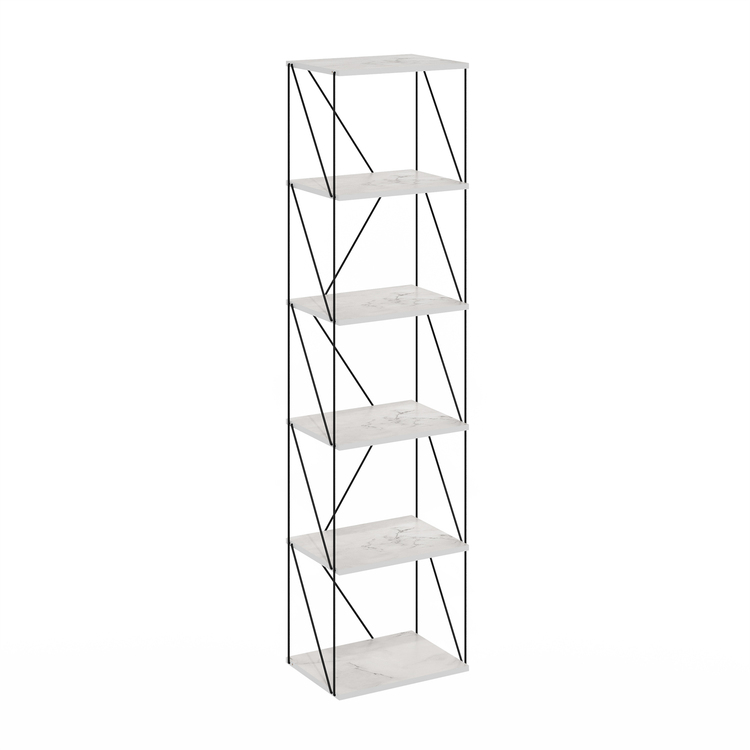 Furinno Rata 6-Tier Industrial Multipurpose Flat Base Shelf Display Rack with Metal Frame, Narrow, Marble White image - 1