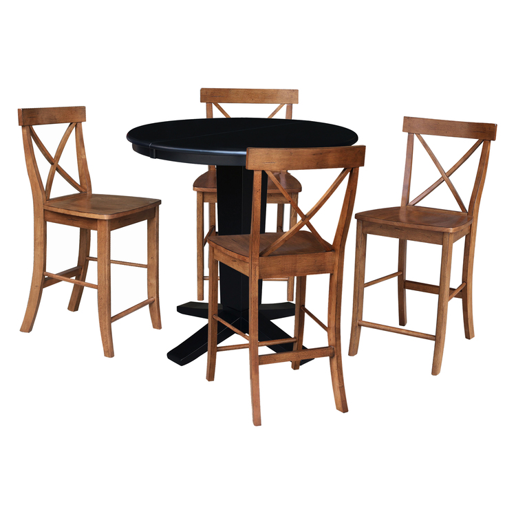 Round Counter Height Dining Table Set - 5 Piece Distressed Oak & Black ...