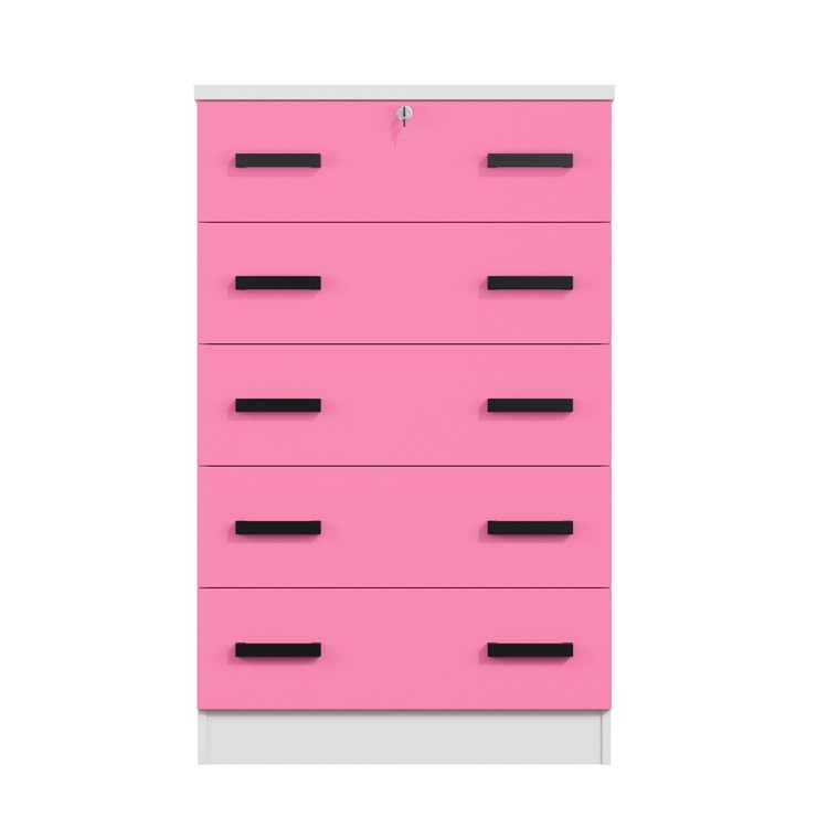 Woodpeckers Furniture and Mattress 5 Drawer Wooden Dresser with Lock - Stylish Storage Chest,?White and Pink - Image 2