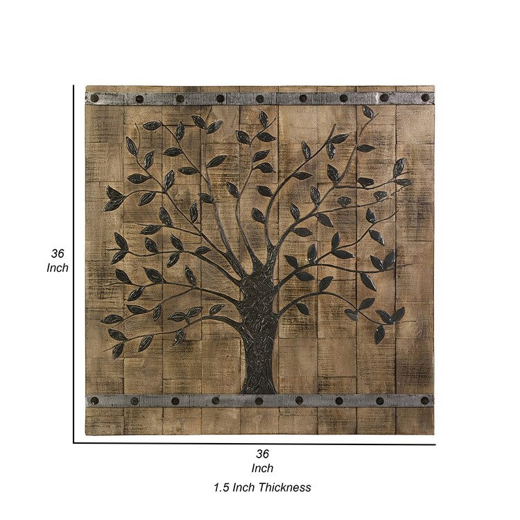 Benjara 36 Inch Tree Of Life Wall Panel, Square, Mango Wood, Brown and ...
