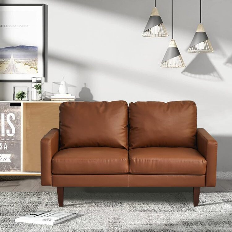Modern Faux Leather Sofa with Wooden Legs - Living Room Couch - Image 2