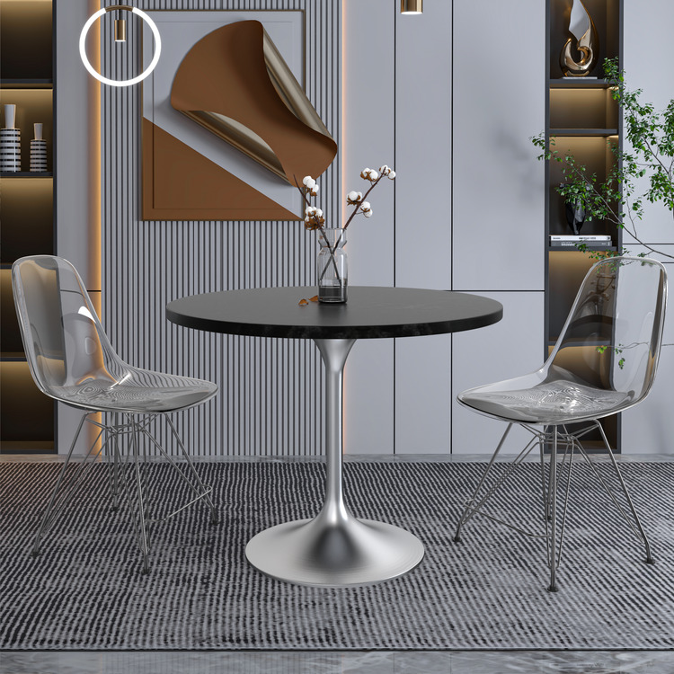 LeisureMod Verve Collection 36" Round Dining Table, Brushed Chrome Base with Black MDF Top - Image 3