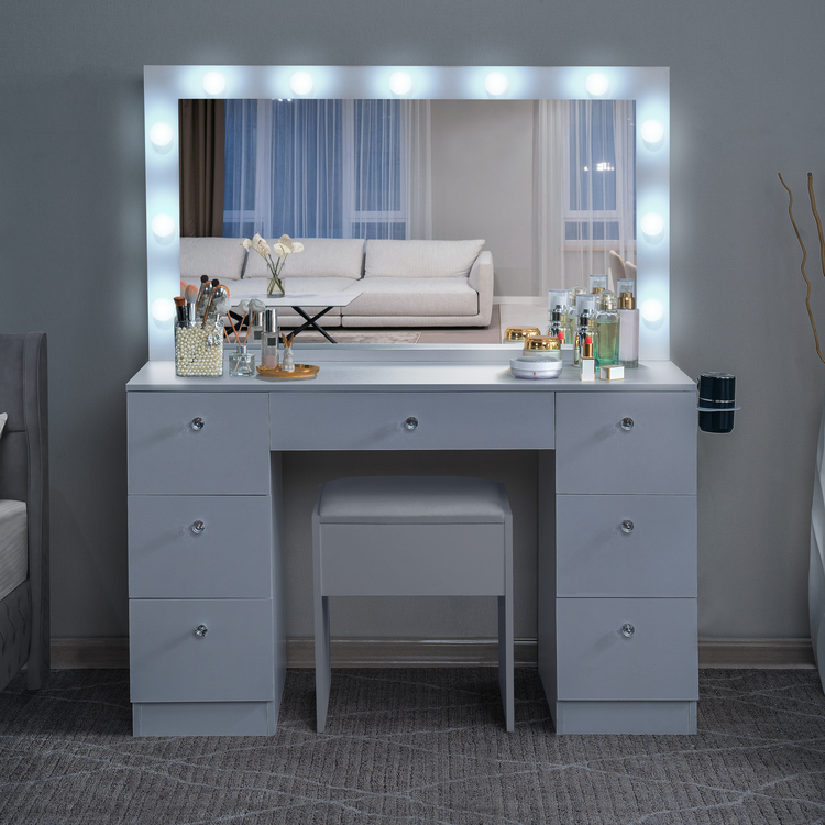 Naomi Home Vanya Makeup Vanity Desk With Sliding Mirror & Lights - Farmhouse Style With 5 Drawers, 2 Cabinets - View #8