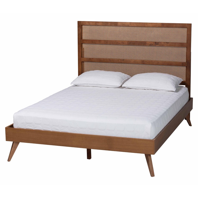 Baxton Studio Fuller Mid-Century Walnut Brown Finished Wood Queen Size Platform Bed with Woven Rattan image - 1