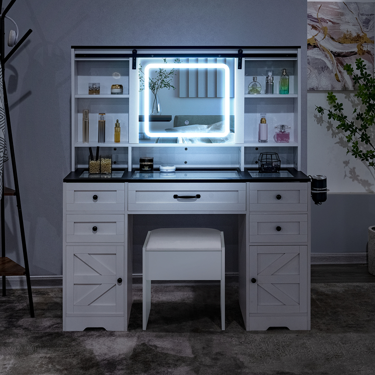 Naomi Home Vanya Makeup Vanity Desk With Sliding Mirror & Lights - Farmhouse Style With 5 Drawers, 2 Cabinets - View #5