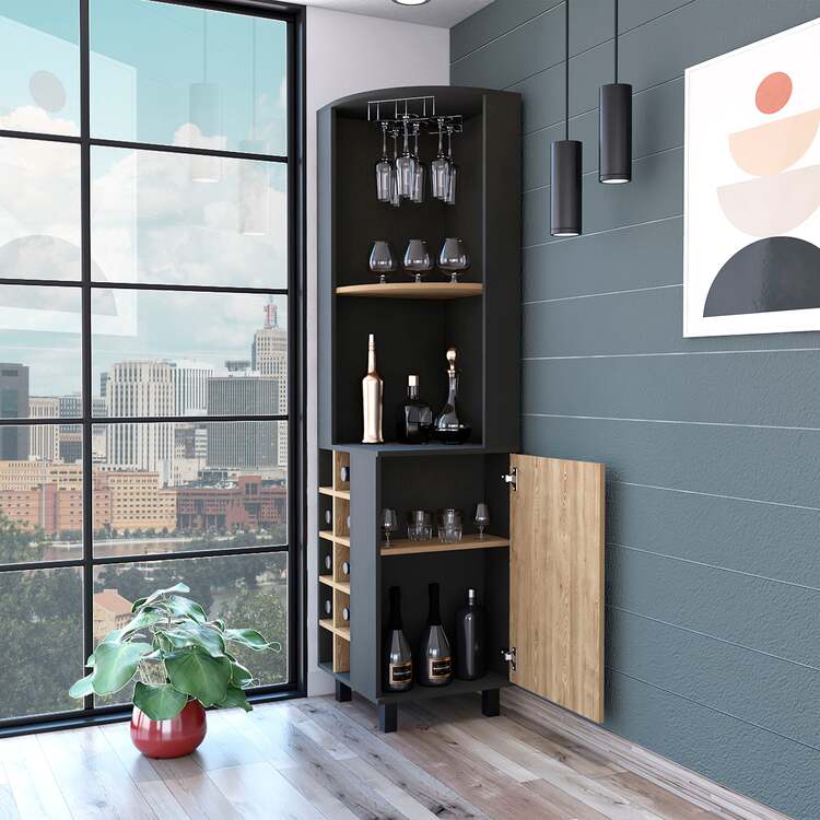 FM FURNITURE Leah Corner Bar Cabinet, Two Shelves, Ten Built-in Wine Rack, Single Door Cabinet, Two Interior Shelves - Image 5