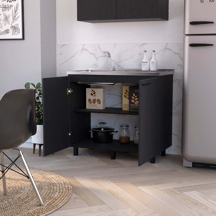 FM FURNITURE Oklahoma 2 Utility Sink & Cabinet, Interior Shelf, Stainless Steel Countertop - Image 5