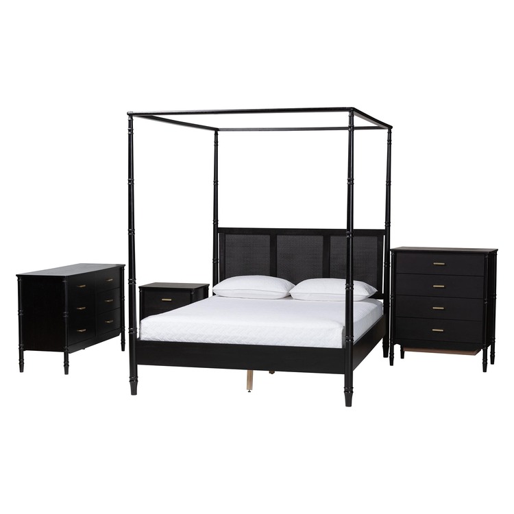 Baxton Studio Marisela 4-Piece Black Bedroom Set - Canopy Bed with Synthetic Rattan Headboard, Matching Dresser, Chest, and Nightstand, Modern Transitional Wood Bedroom Furniture Collection, King image - 1