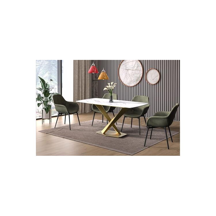 LeisureMod Voren Series Modern Dining Table Gold Base, With 71 White ...