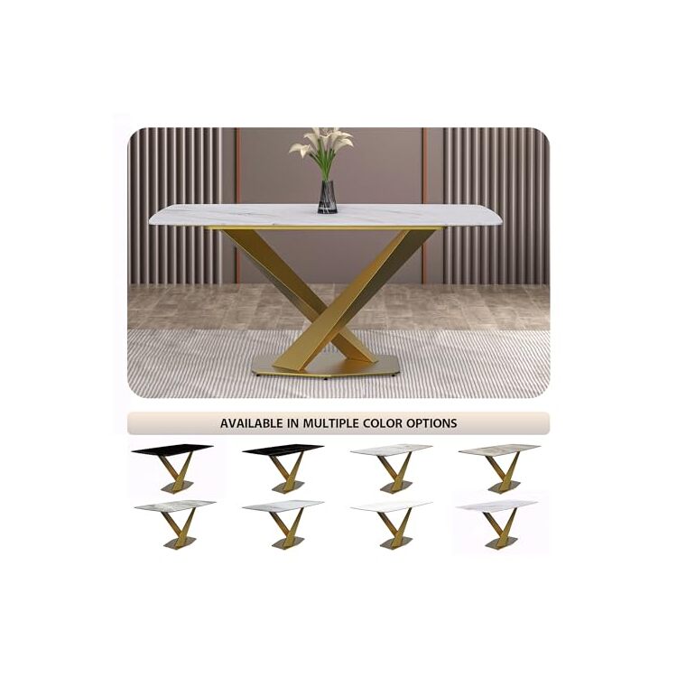 LeisureMod Voren Series Modern Dining Table Gold Base, With 71 White ...