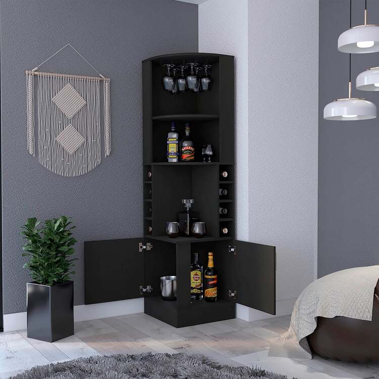 DEPOT E-SHOP Corner Bar Cabinet with Wine Rack - Black Wengue Finish - Image 2