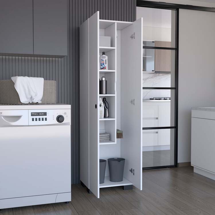 DEPOT E-SHOP Broom Cabinet with Shelves & Hangers - White Storage Organizer - Image 2