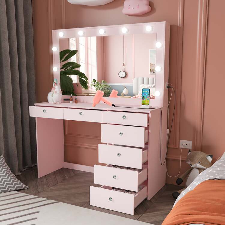 Boahaus Diana Large Makeup Vanity Desk with Mirror, Hollywood Lights, 7 Drawers, USB Type-C & Type-A Ports, 110V Power Outlet, Hair Dryer Hanger, Crystal Knobs ? Premium Pink Vanity Desk for Bedroom - Image 3