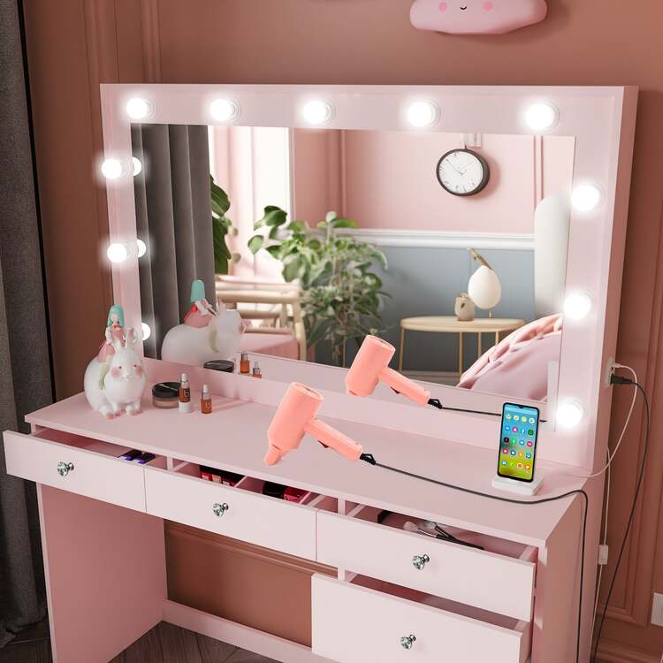 Boahaus Diana Large Makeup Vanity Desk with Mirror, Hollywood Lights, 7 Drawers, USB Type-C & Type-A Ports, 110V Power Outlet, Hair Dryer Hanger, Crystal Knobs ? Premium Pink Vanity Desk for Bedroom - Image 4
