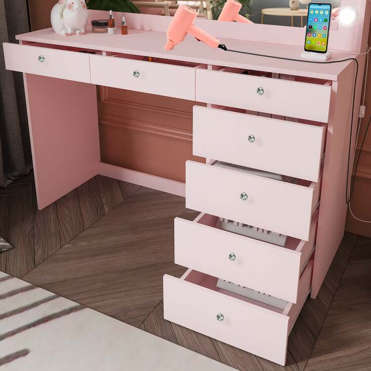 Boahaus Diana Large Makeup Vanity Desk with Mirror, Hollywood Lights, 7 Drawers, USB Type-C & Type-A Ports, 110V Power Outlet, Hair Dryer Hanger, Crystal Knobs ? Premium Pink Vanity Desk for Bedroom - Image 5
