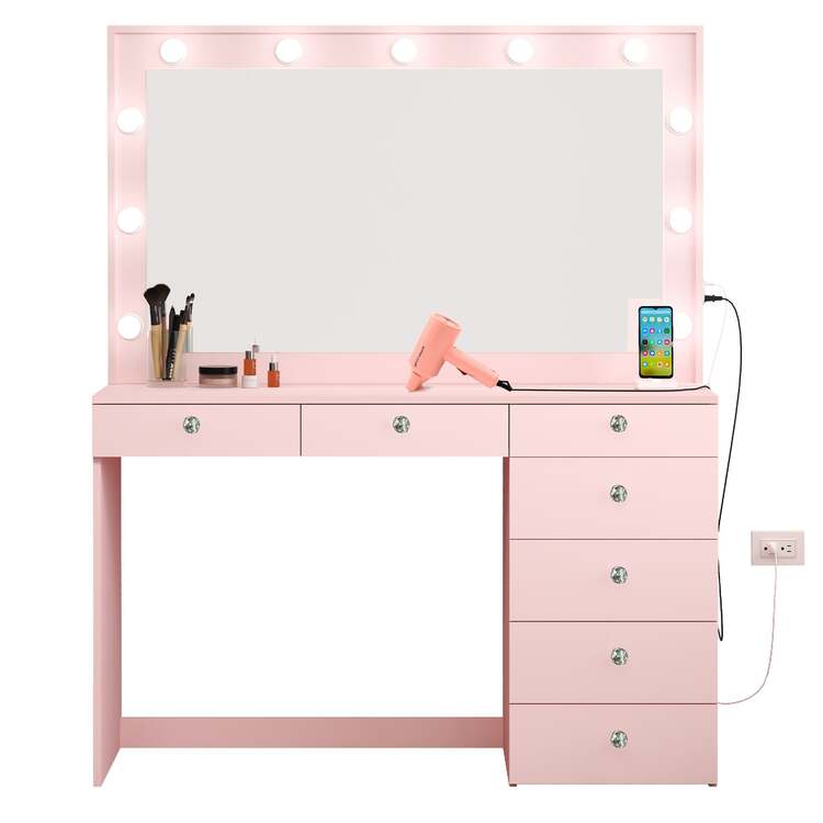 Boahaus Diana Large Makeup Vanity Desk with Mirror, Hollywood Lights, 7 Drawers, USB Type-C & Type-A Ports, 110V Power Outlet, Hair Dryer Hanger, Crystal Knobs ? Premium Pink Vanity Desk for Bedroom - Image 6