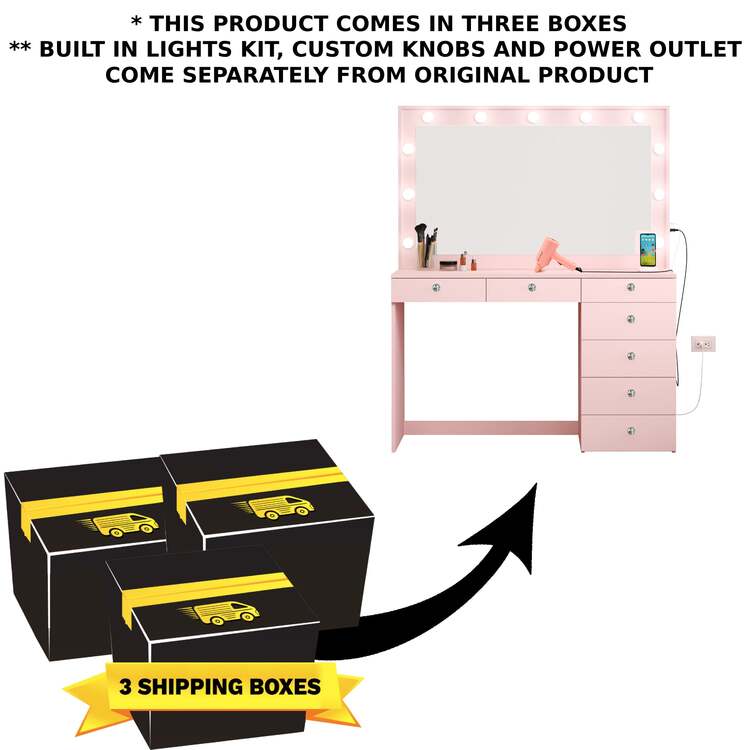 Boahaus Diana Large Makeup Vanity Desk with Mirror, Hollywood Lights, 7 Drawers, USB Type-C & Type-A Ports, 110V Power Outlet, Hair Dryer Hanger, Crystal Knobs ? Premium Pink Vanity Desk for Bedroom - Image 8